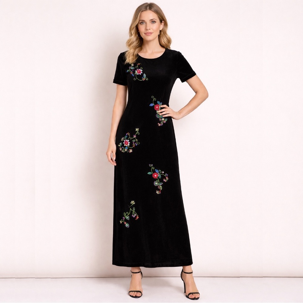 💙 Vintage Deadstock Black Velvet Floral Beaded Sequin Short Sleeve Maxi‎ Dress
